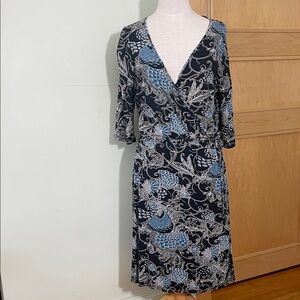 POINT ZERO Vintage Y2K Black and Blue Paisley Faux Wrap Midi Dress, Size XL